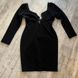 Tadashi Shoji Black Long Sleeve Mini Dress with Plunging Studded Neckline Sz L